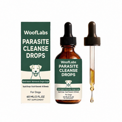 WoofLabs Parasite Cleanse Drops box, bottle and dropper