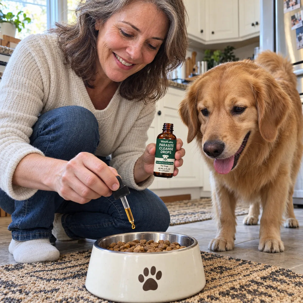Owner adding WoofLabs drops to her dog's food bowl