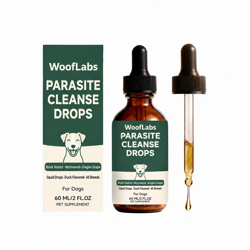 WoofLabs Parasite Cleanse Drops box, bottle and dropper
